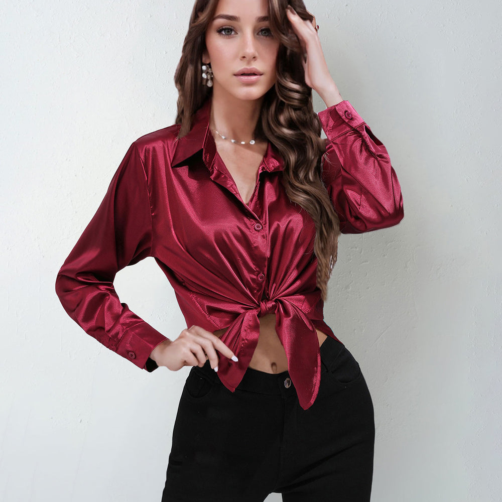 Satin shirt women's satinartificial silk long sleeves  best sellingpure colortopselegance button front lapel shirt