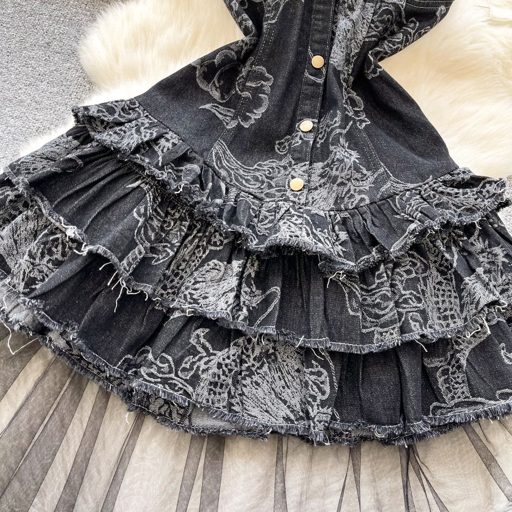 Fashion hot girl style denim tube topdress women's retro distressed tail design street small puffy skirt