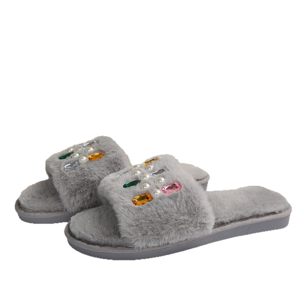 Exportplus size fur slippers 25 years european and american rhinestone women's slippers independent station fur slippers spot wholesale women