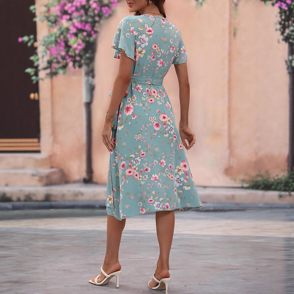 New arrival  fashion cross-border women's dress v neck waist printing summer skirt