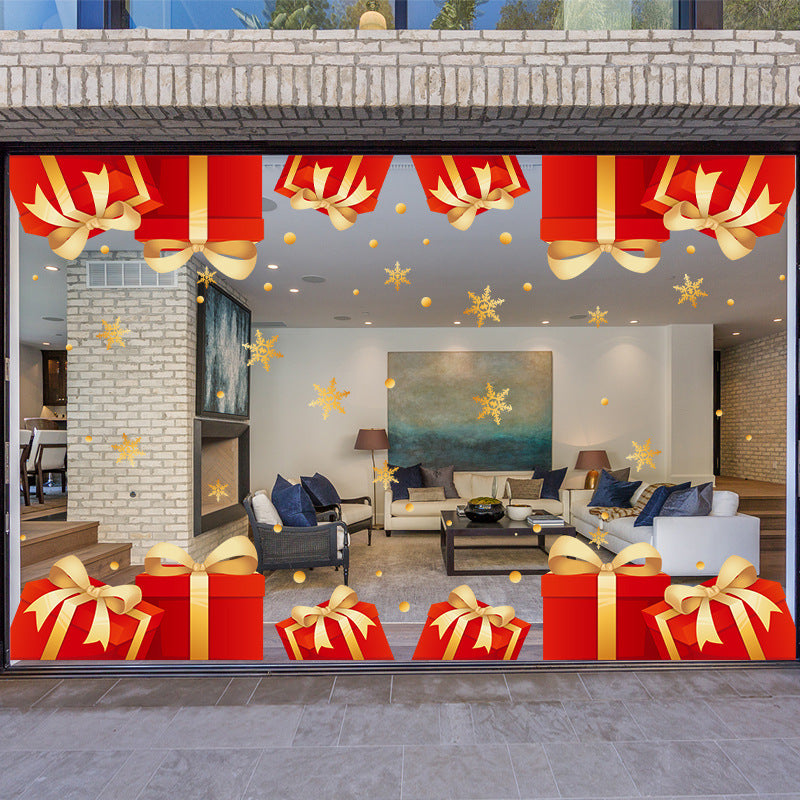 New Year's Day shopping mall window decorations Christmas gift box glass sticker gold snowflake static sticker