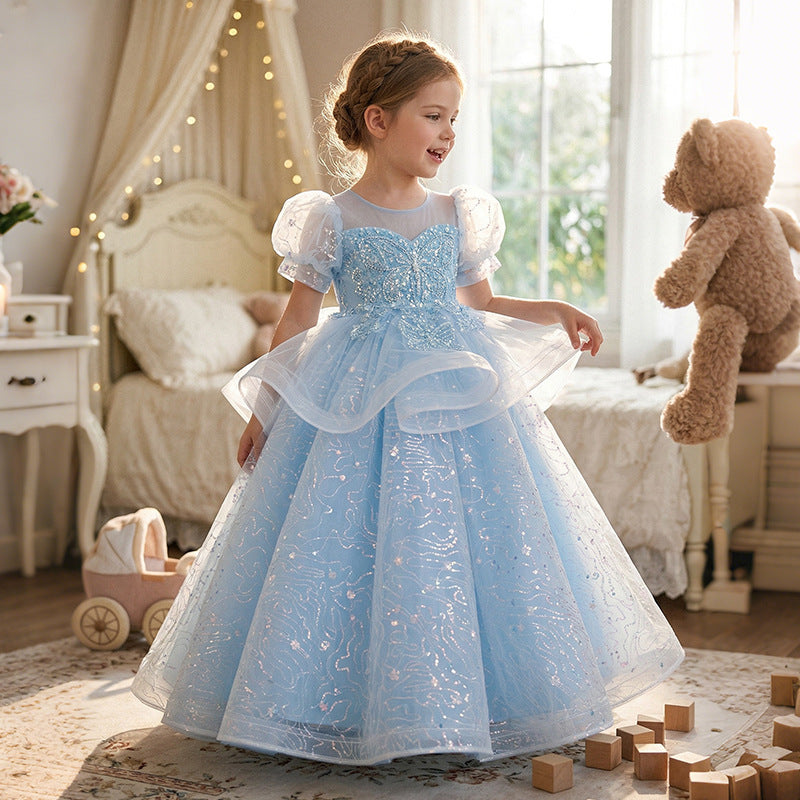 Girls' formal dress - european style, mesh overlay, courtly elegance, children's birthday princess dress, performance costume, new summer collection