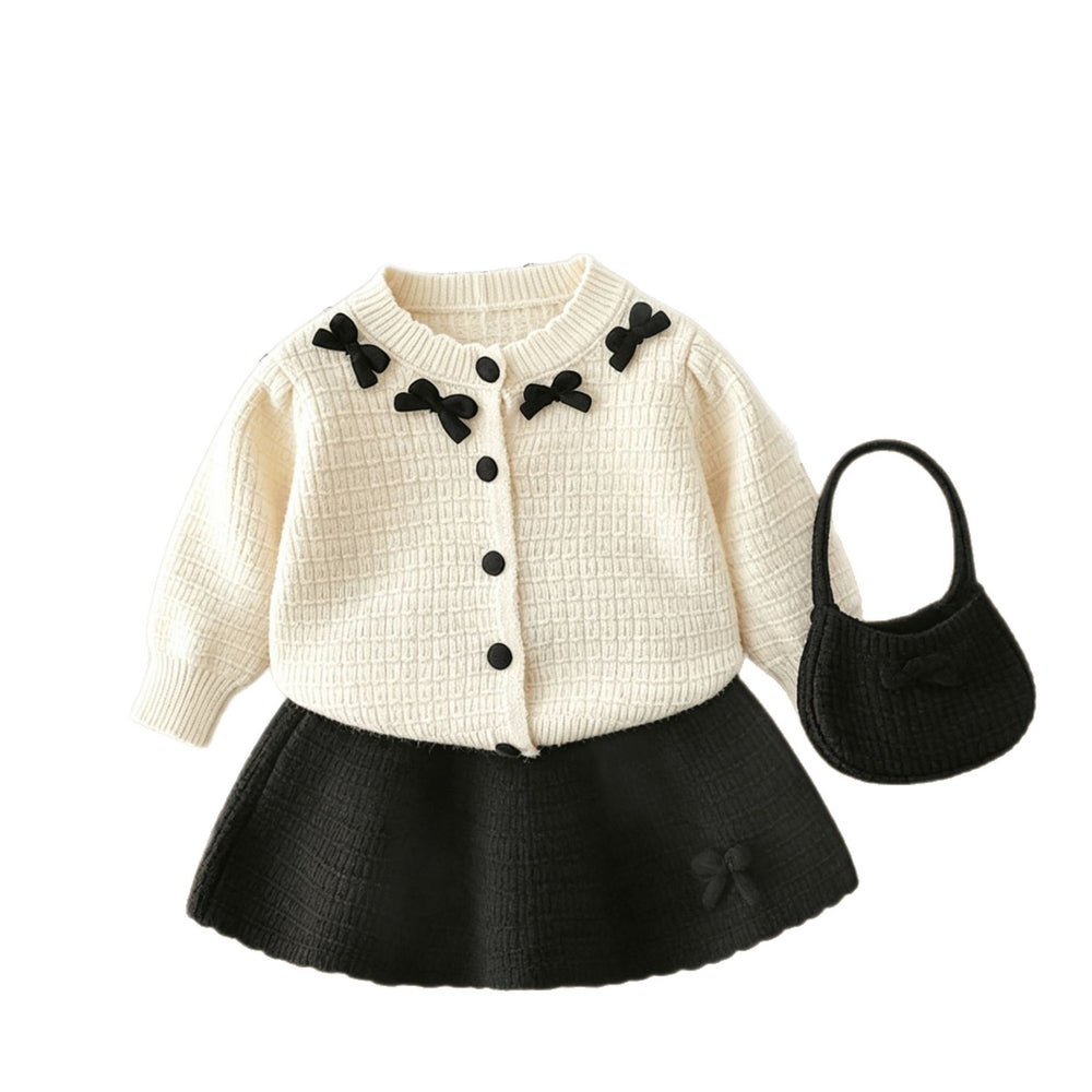 Girls' knit sweater set - new  bow accent color block cardigan top - spring/autumn three-piece sweater outfit