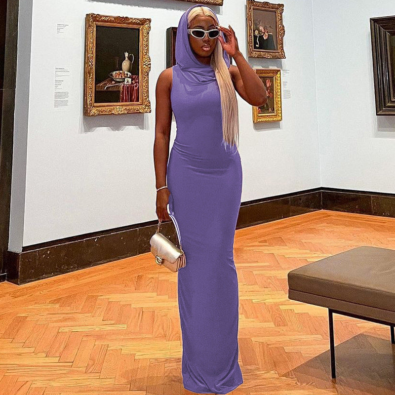 autumn new arrivals:  european and american style women's fashion solid color hooded back slit sleeveless dress