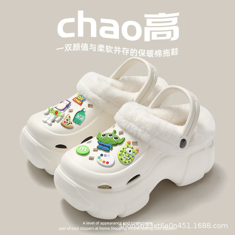2024 cartoon cotton slippers for girls, new autumn/winter thick-soled, height-increasing, non-slip, two-wear style, fleece-lined warm fuzzy clogs