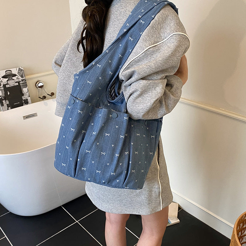 Cross-border casual lazy style denim bag women's 2025 new versatile shoulder bag college student class tote bag