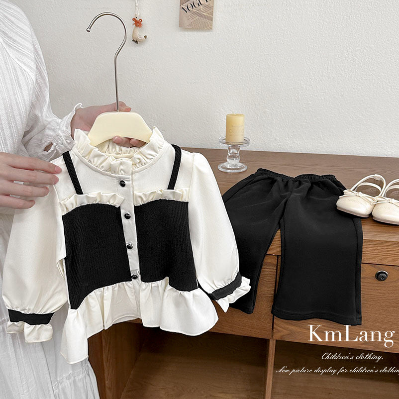 Girls' outfit set:  autumn new fashion korean style chanel-inspired blouse, chic two-piece set for little girls