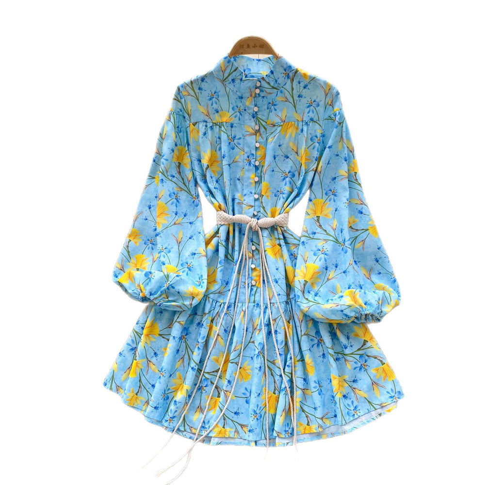 Frenchretro blue long sleeves floral dress female k-style stand collar tie back waist slimming look a-line skirt lady style