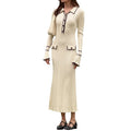 fashion style fall and winterfrench socialitelong sleevesdress lapel button fungus edge knitting skirtlong sleeves
