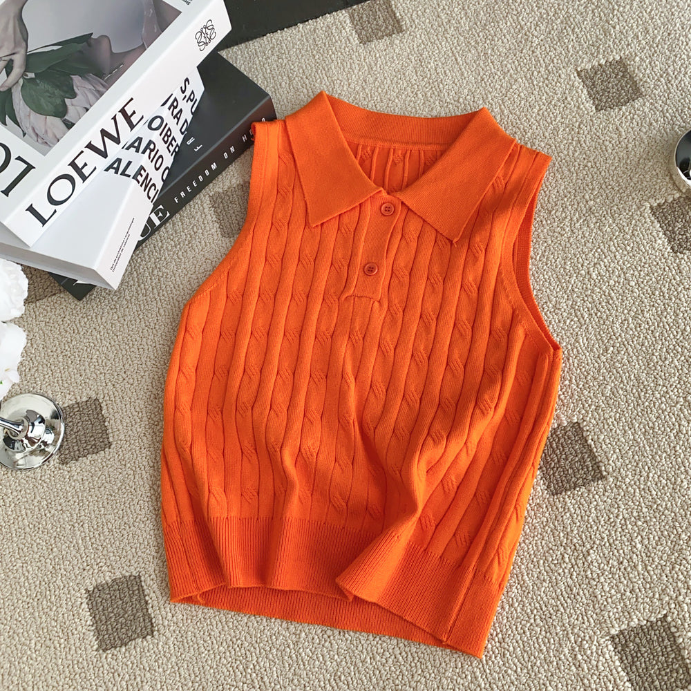 Korean chic summer french style sleeveless knit polo top - slim fit, versatile solid color tank top