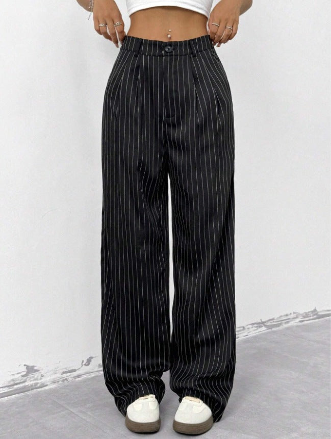new european and american women's blue striped casual wide-leg trousers for commuting and leisure