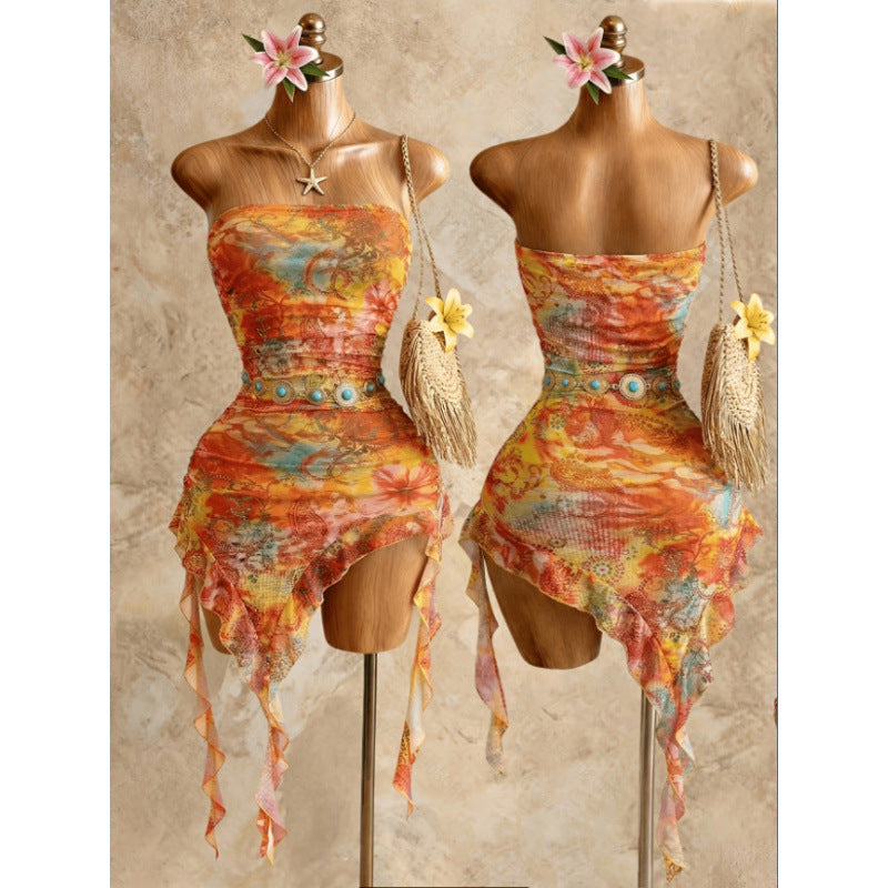 Women's summer vacation sexy printed ruffle asymmetrical hem mini dress (waist chain and accessories not included)
