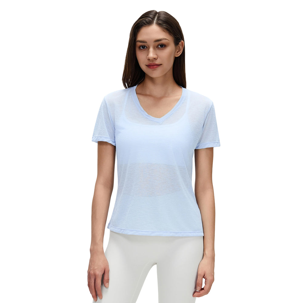 Summer v-neck bamboo slub lightweight breathable sports t-shirt women's running fitness short sleeve yoga top d26098