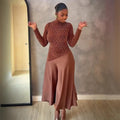 European and american cross-border women's fashion:  spring new arrival - elegant mock neck brown patchwork a-line midi dress