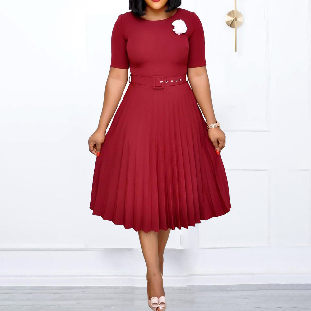 Belted european and american style new summer  round neck midi pleated skirt plus size african cross-border dress