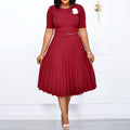 Belted european and american style new summer  round neck midi pleated skirt plus size african cross-border dress