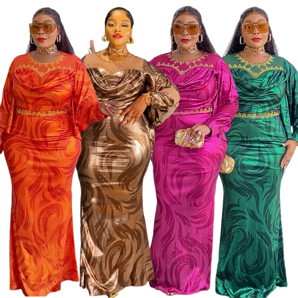 e-commerce  european and american style  autumn new arrival african plus size women's clothing hot diamond printingdress