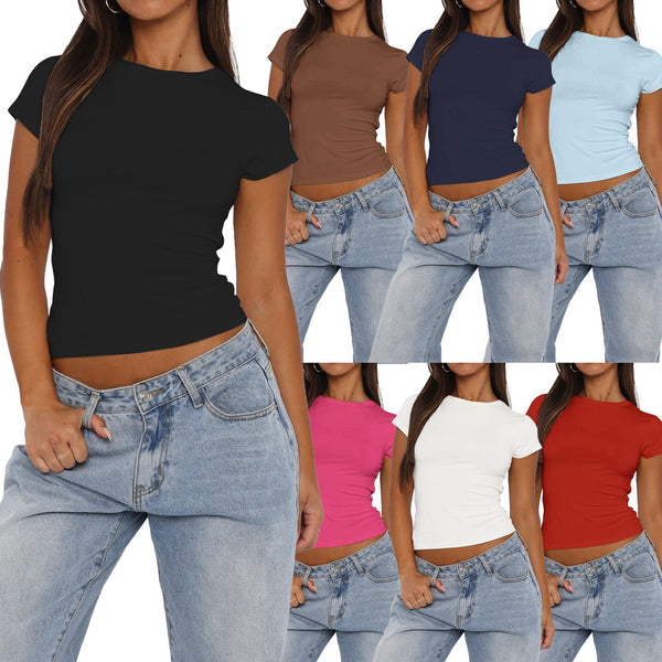 Fashion Women's Clothing 2024 Solid Color Simple Basic Versatile Crew Neck Short Sleeve Short Pullover Navel Casual T-Shirt Women