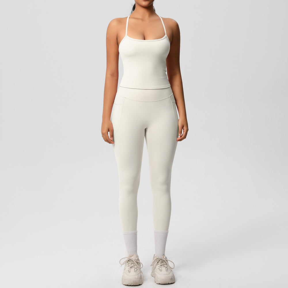 New arrivalpure color sling beautiful back yoga clothes hip pocket tights sports suit cloud-like quick-drying fitness clothes for women