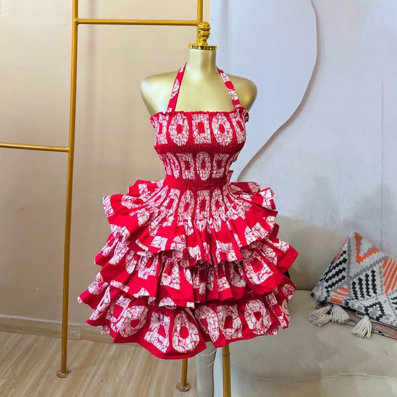 European and american cross-border women's fashion:  autumn new arrivals - sexy and elegant square neck bandeau halter neck printed ruffle trim dress