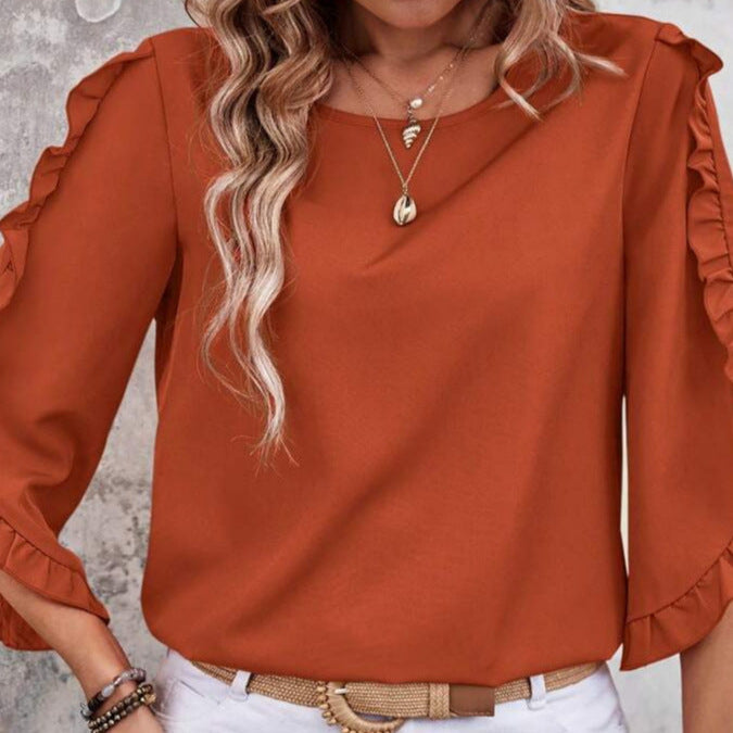 Fashion cross-border women's clothing new arrival round neck lace asymmetrical three-quarter sleeve topspure color round neck loose