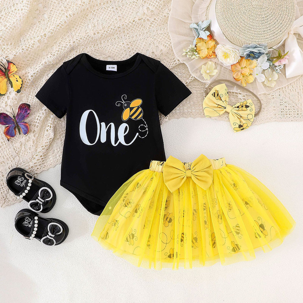 Amazon european and american summer cute princess dress for infants and toddlers - printed short-sleeve top + bowknot mesh skirt + headband