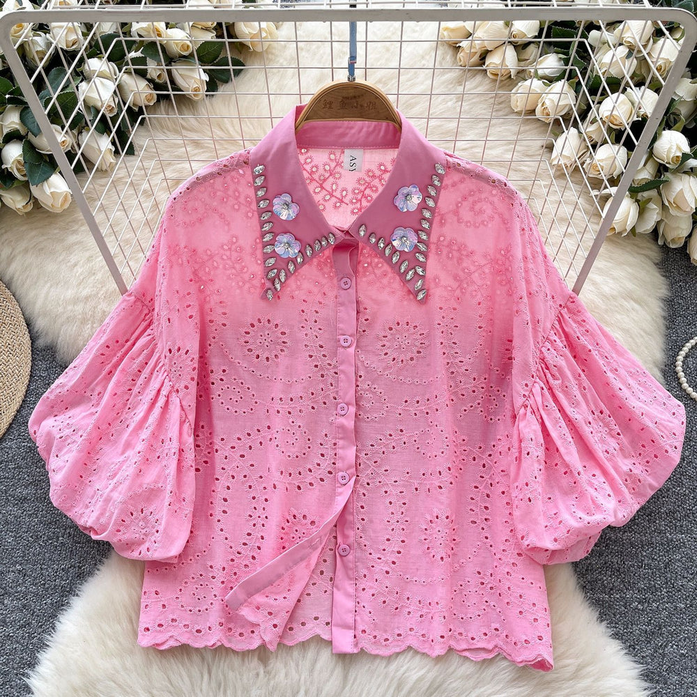 Accessible luxury palace style classy bubble sleeve shirt women's summer cut out crochet heavy industry diamond loose design tops