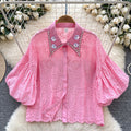 Accessible luxury palace style classy bubble sleeve shirt women's summer cut out crochet heavy industry diamond loose design tops