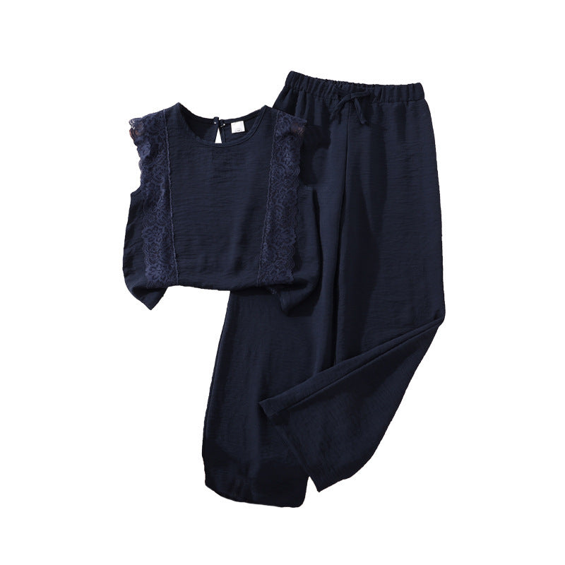Girls' outfit: cross-border children's clothing,  spring/summer new collection, elegant lace trim patchwork tank top and wide-leg pants two-piece set