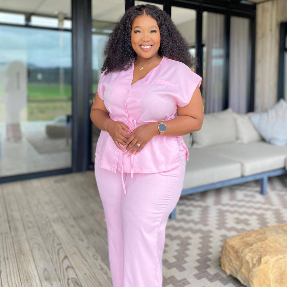 European and american cross-border african women's clothing  summer new arrival: elegant v-neck short-sleeve tie-up blouse and high-waisted pants set