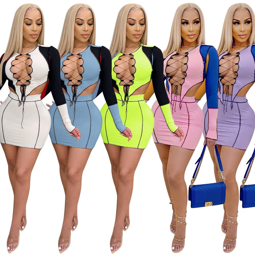 X3757 special offer: no returns or exchanges. please purchase with caution. cross-border  fashion women's sexy mini skirt two-piece set (us/eu style)