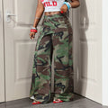 European and american style women's retro camouflage faux two-piece belted wide-leg jeans - high-waisted, floor-length cargo denim pants