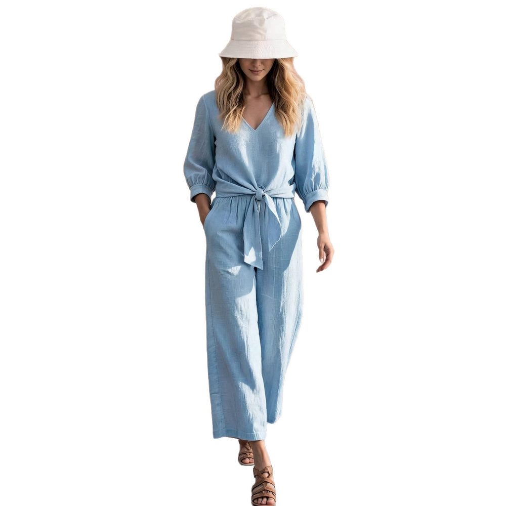 european and american cross-border spring/autumn new arrival: knotted, high-end style shirt with three-quarter sleeves – effortless vacation v-neck set