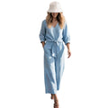 european and american cross-border spring/autumn new arrival: knotted, high-end style shirt with three-quarter sleeves – effortless vacation v-neck set