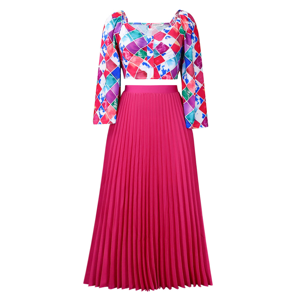 D3262 women's summer new arrival: fashionable v-neck printed top and pleated maxi skirt african two-piece set - cross-border outfit