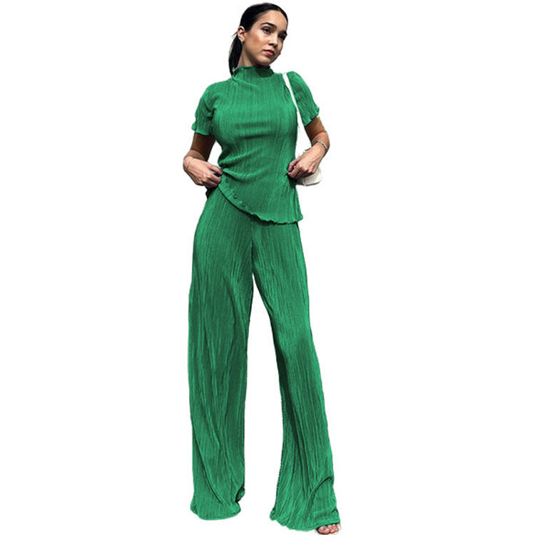 Amazon women's  spring new solid color double-layer pleated slim-fit casual short-sleeve two-piece activewear set