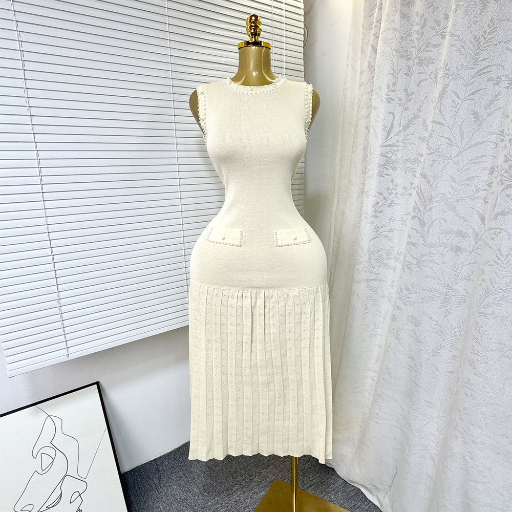 Frenchaccessible luxury celebrity heavy industry beading round neck sleeveless dress women's summer waist elegant knitting vest long skirt