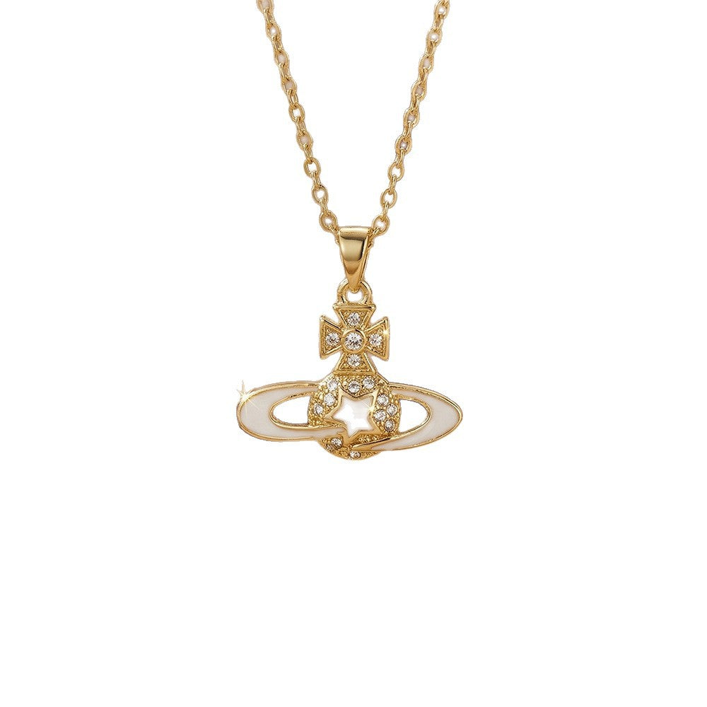 Fashionbest selling copper inlaid zirconium oil drop western queen mother saturn necklace women's accessible luxury niche styleeasiest for matchelegant collarbone chain jewelry