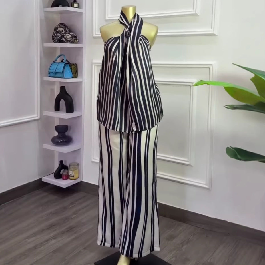 European and american cross-border women's fashion:  summer new collection - striped halter neck sleeveless top & wide leg pants casual set