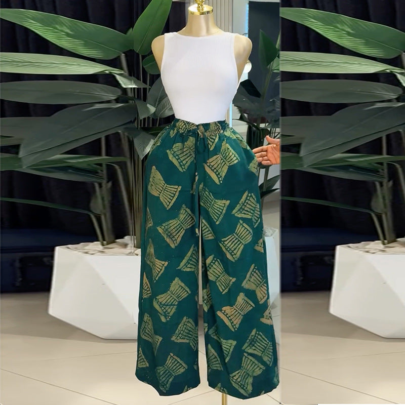 European and american women's clothing  autumn new sweet and fresh printed drawstring design high-waisted slimming wide-leg pants