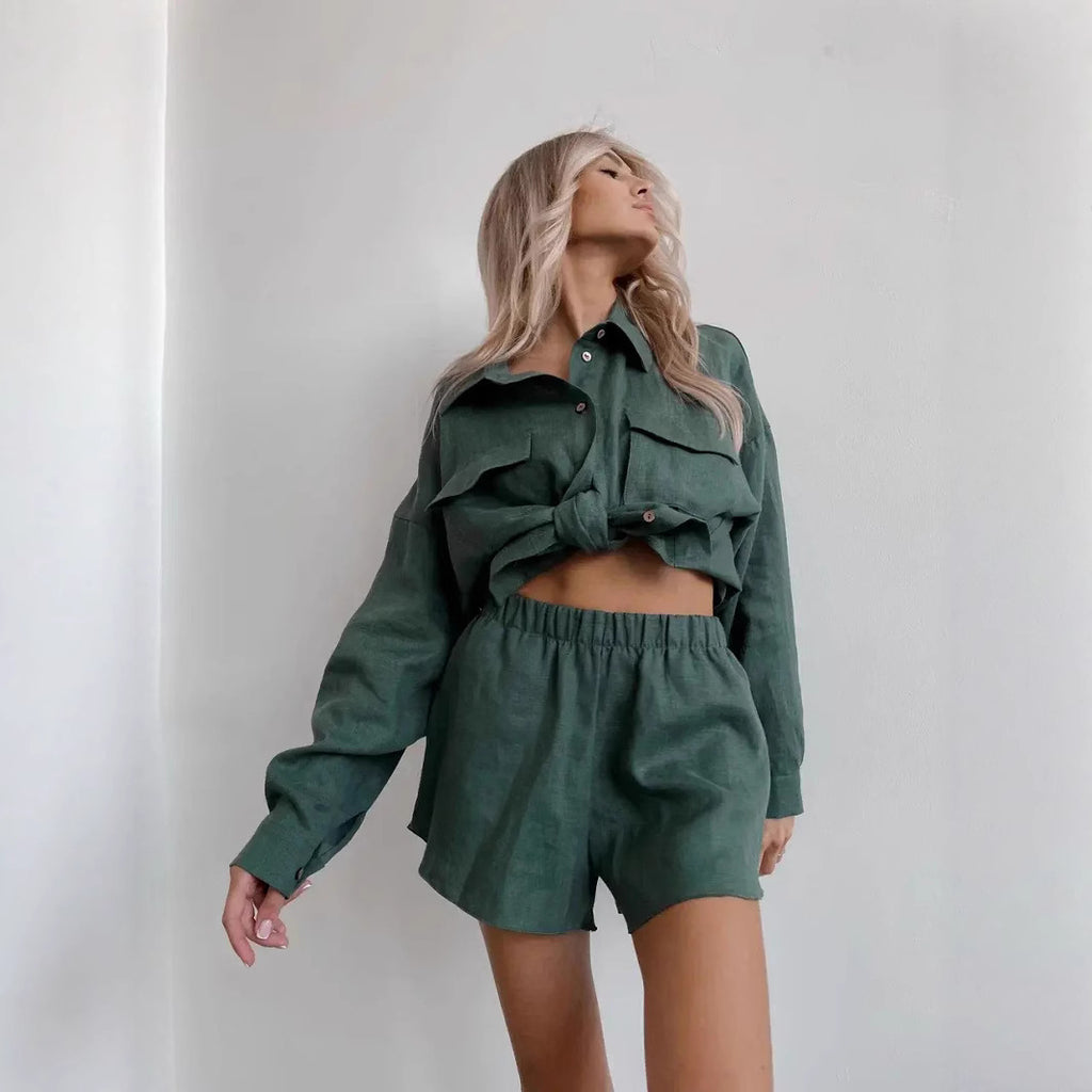 European and American new cardigan shorts set casual long-sleeved top elastic waist shorts two-piece set fashionable women's set