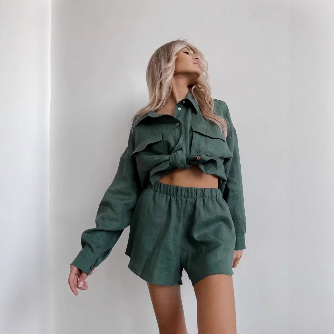 European and American new cardigan shorts set casual long-sleeved top elastic waist shorts two-piece set fashionable women's set