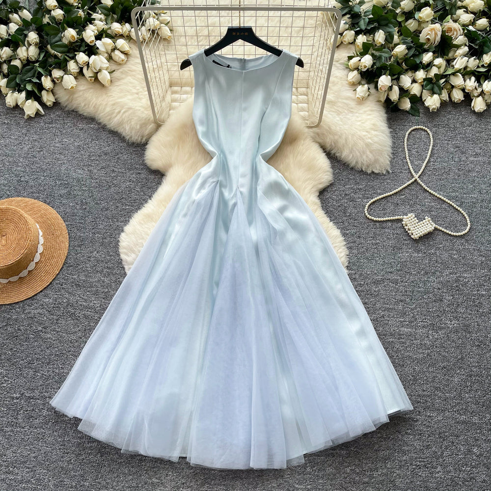 French sleeveless a-line round neck dress women's summer french pink high waist slimming look large swing skirtelegant