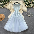 French sleeveless a-line round neck dress women's summer french pink high waist slimming look large swing skirtelegant