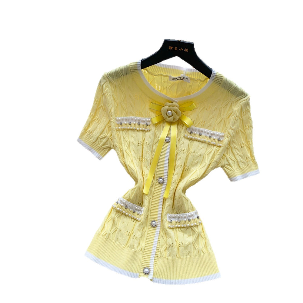 Sweet daughter-in-law style bows beaded short-sleeved knitting shirt for women summercasualcasualelegantslimming looktops