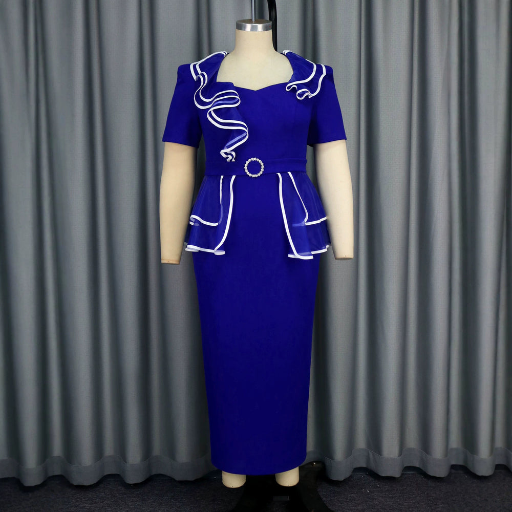 Plus size european and american women's patchwork dress - ruffle trim, belted waist, short sleeve, professional commute style dress