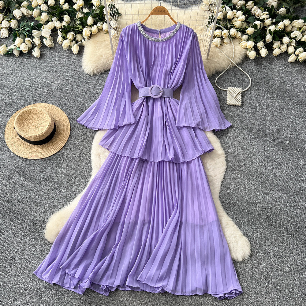 Heavy industry diamond-encrusted bell sleeves pleated sequindress women's red waist slimming look a-line large skirt qianjin style