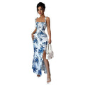 Women's printed spaghetti strap maxi dress with cinched waist and slit – elegant spring/summer outfit for evening events and vacations