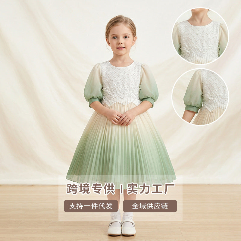 fashion style personalized girldress chiffon printinghalf length sleeve pleated skirtnew arrivalkids skirt