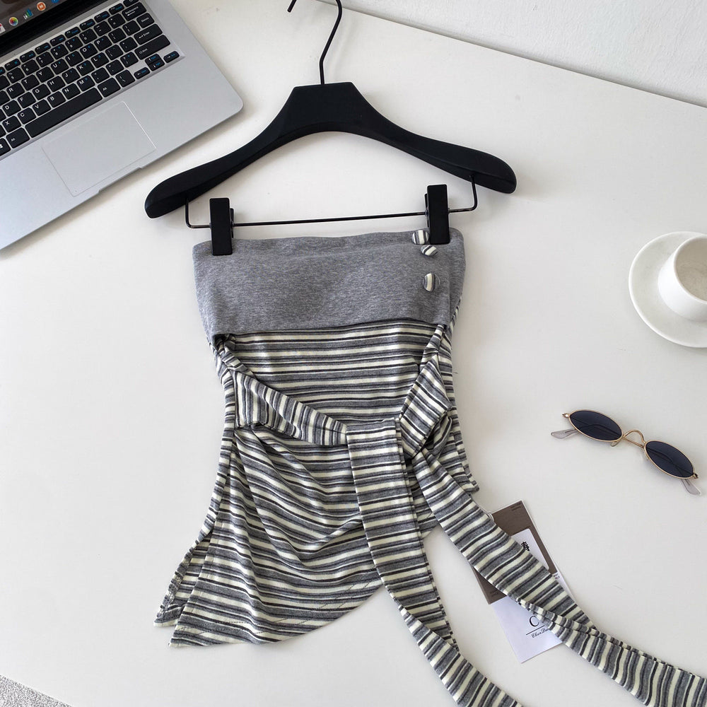 Sweet and spicy girl sexy style contrast colorstripestube top suspender women's summer silmtie back waist elegant vestoutwear